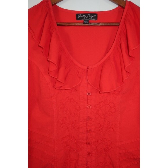 Gretty Zueger Red Ruffle Collar Button Down Shirt 100% Cotton Top Boho Size XL - Picture 5 of 9